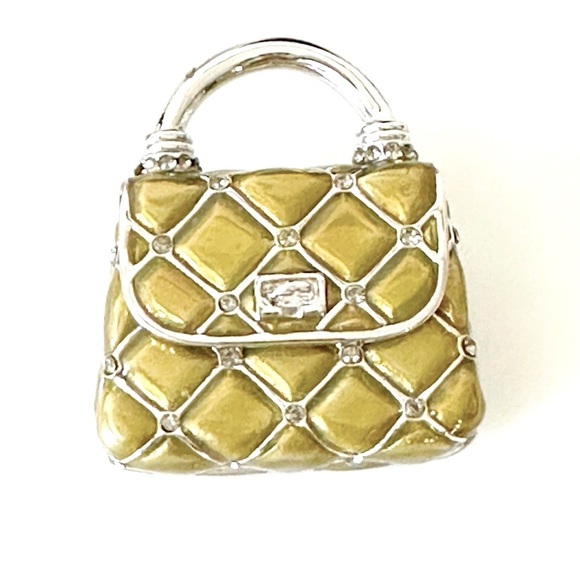 Vintage St. John Brooch/Pin Handbag Gold Enamel Crystal Rhinestones Hinged Flap - Picture 1 of 11
